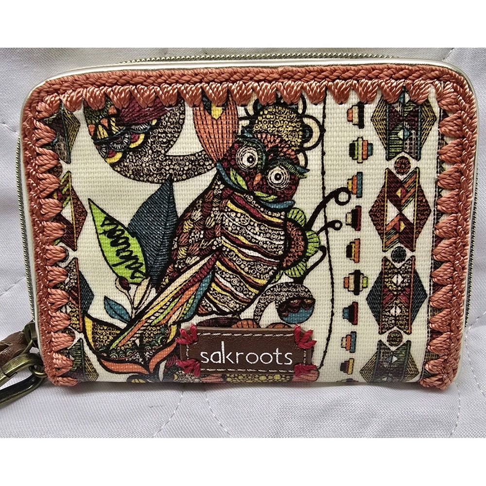 SAKROOTS Wallet Wristlet Owl Floral Peace Zip Pouch‎ Removable Strap